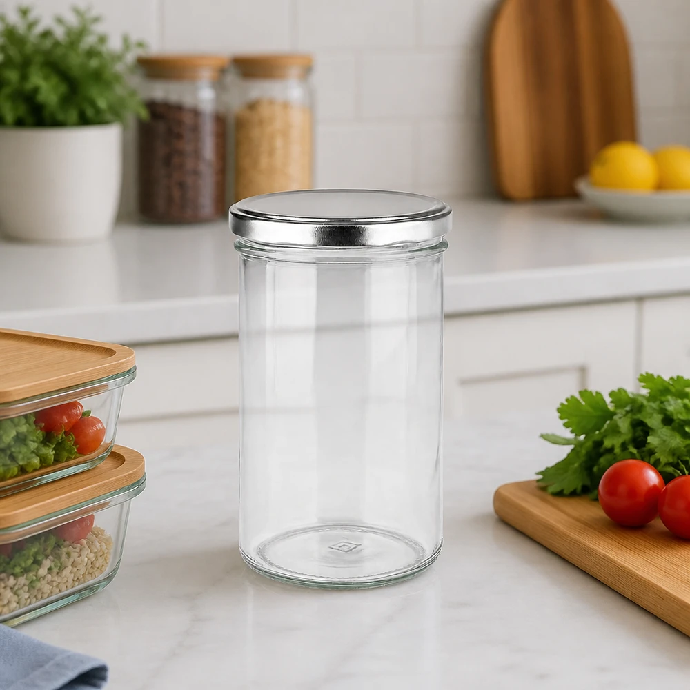 Vasos de 277 ml con tapa BasicSeal plateada en la encimera de la cocina junto a recipientes para alimentos y hierbas aromáticas