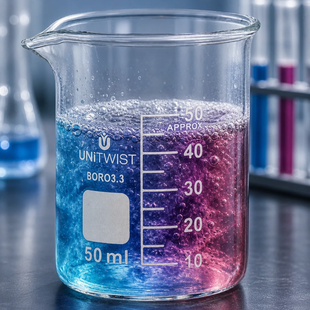 Vaso 50ml borosilicato, molde bajo UNiTWIST Vaso de cristal UNiTWIST de 50 ml, de borosilicato, de forma baja, con un líquido de reacción efervescente de color azul y rosa