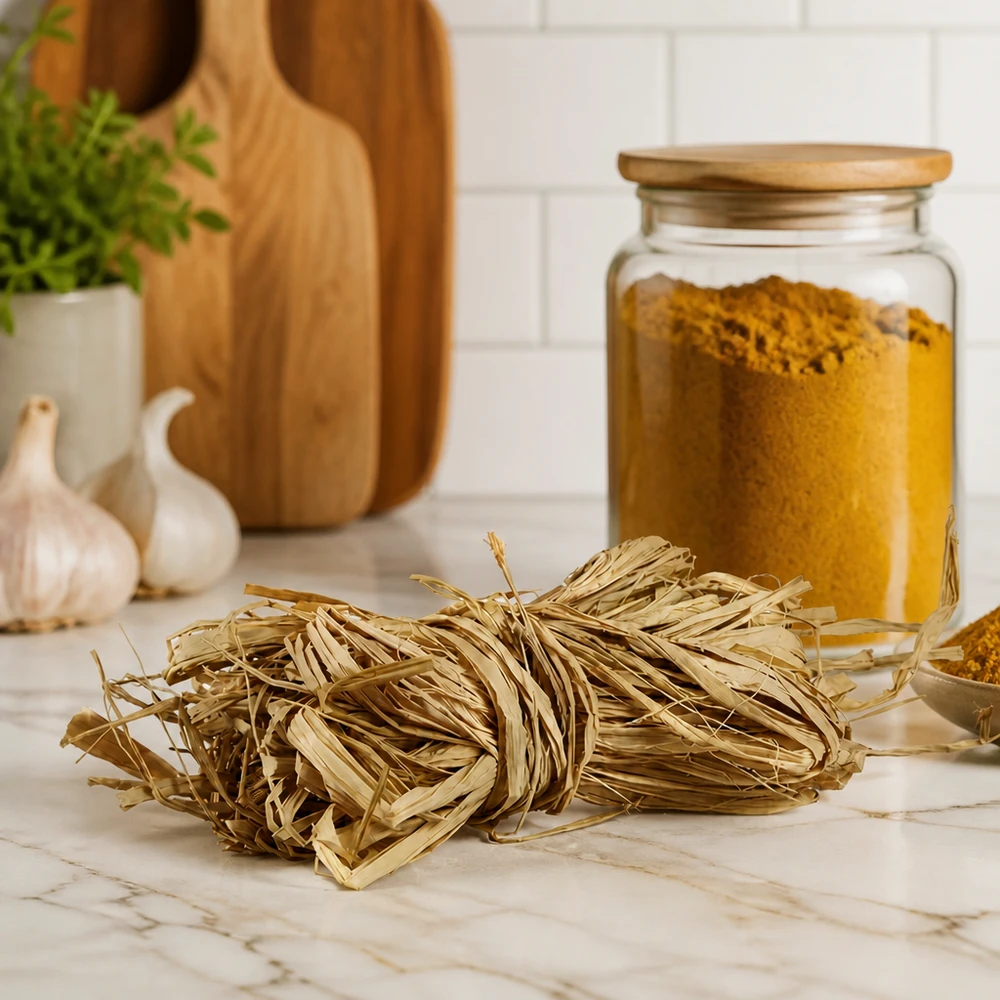 La rafia natural 30g beige dorado sobre encimera de mármol con utensilios de cocina muestra las fibras decorativas naturales para el hogar