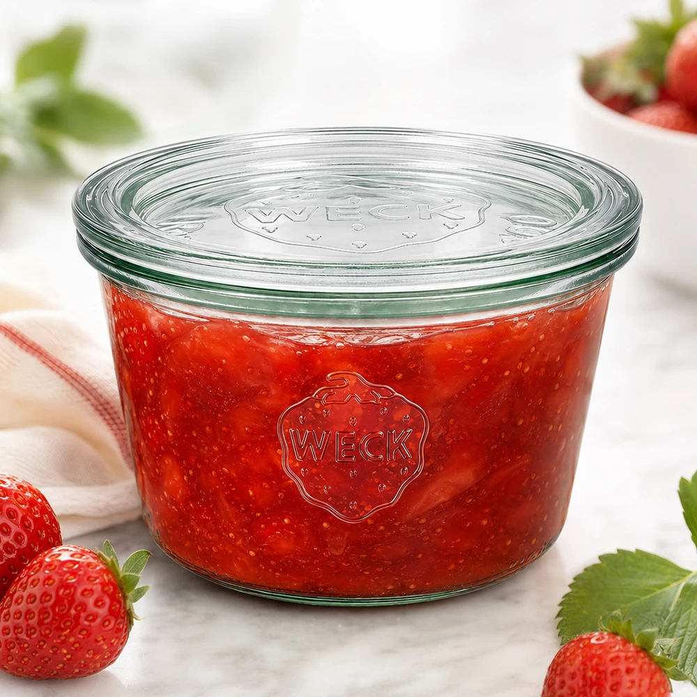 Vasos WECK 370ml RR100 rellenos de mermelada de fresa roja rodeada de fresas frescas sobre una superficie blanca