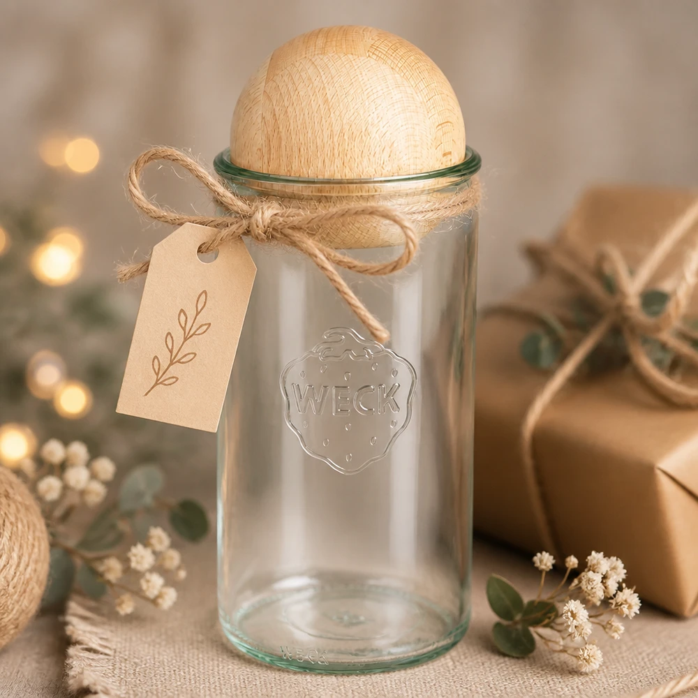 Vaso cilíndrico de 1590ml WECK RR100 con bola de madera de haya Tarro de conserva WECK 1590ml RR100 con bola de madera de haya como idea de regalo con colgante en un acogedor ambiente decorativo