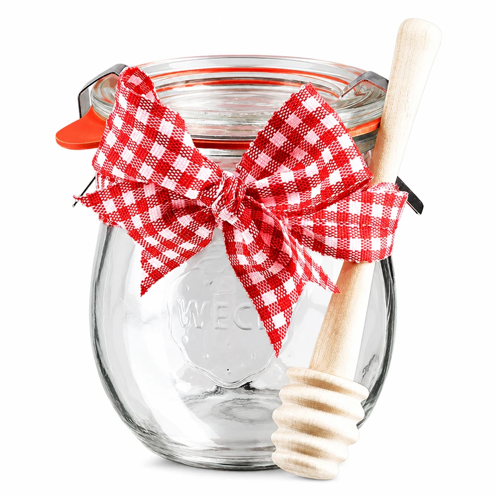 WECK-Mini-Tulpenglas 220ml komplett mit Honiglöffel WECK tarro mini tulipán 220ml con tapa, lazo rojo y cuchara de madera para miel, juego completo de tarros de conserva