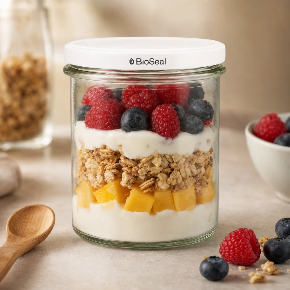 Vasos de 350 ml con tapa blanca BioSeal UNiTWIST UNiTWIST Sturz350 als stylisches Dessertglas mit Beeren Granola und Joghurt zeigt moderne Küchenästhetik TO82 BioSeal