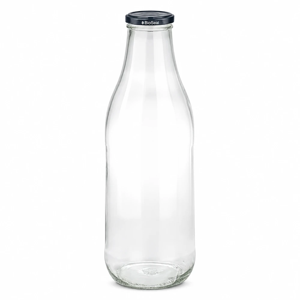 Botella de vidrio de 1000 ml con tapa negra BioSeal botella de leche transparente vacía botella de zumo sostenible