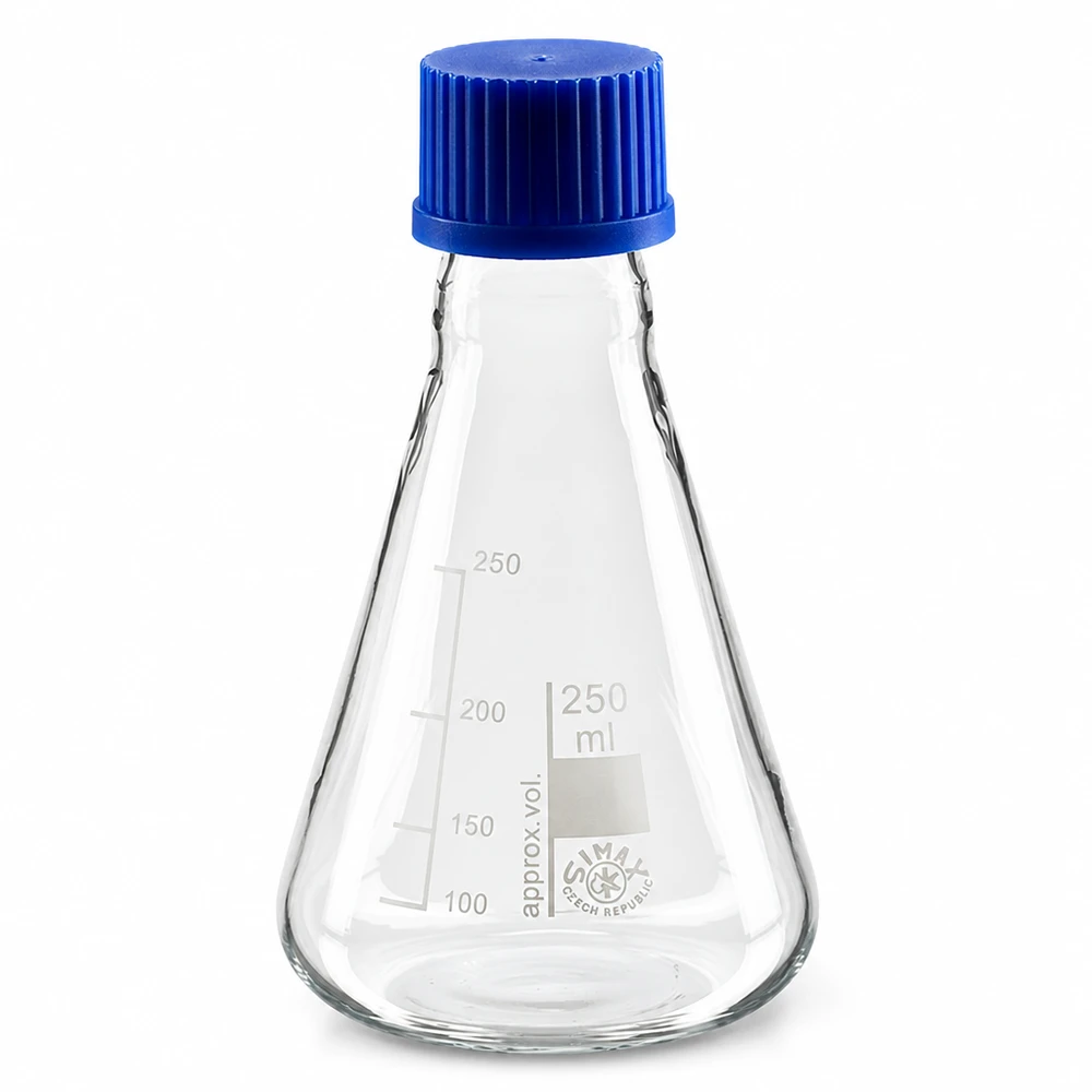 Erlenmeyer 250ml con tapón de rosca Matraz Erlenmeyer de 250 ml de vidrio con tapón de rosca azul para aplicaciones de laboratorio
