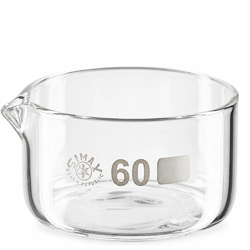 Recipiente de cristalización de 60 ml, de vidrio borosilicato, con pico vertedor, transparente, cilíndrico, Simax, República Checa