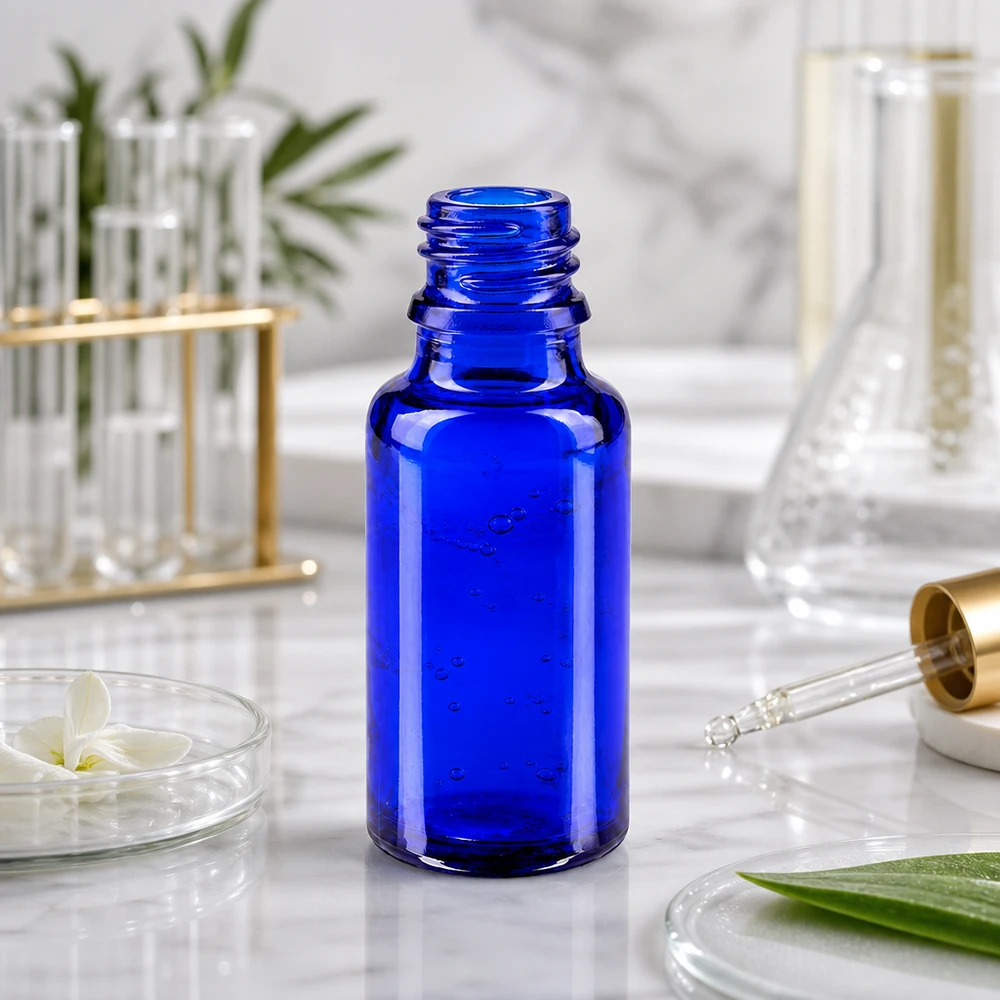 Frasco cuentagotas 20ml DIN 18 VIDRIO AZUL Frasco de ApoGlas de 20 ml en elegante color azul con práctico tapón cuentagotas para una dosificación precisa