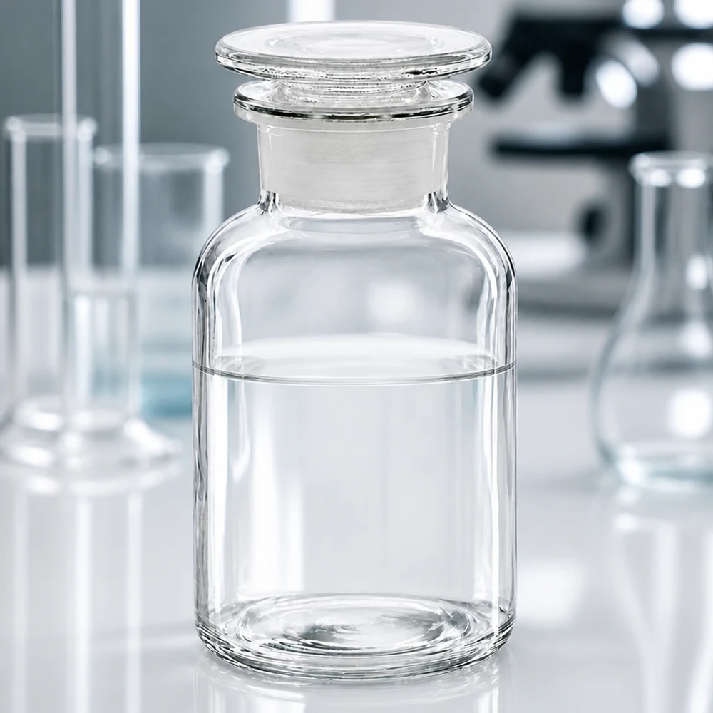 Frasco con hombro redondo 250ml tapón de vidrio transparente de cuello ancho Frasco de cuello ancho de vidrio borosilicato de 250 ml con tapón de vidrio tallado sobre una mesa de laboratorio