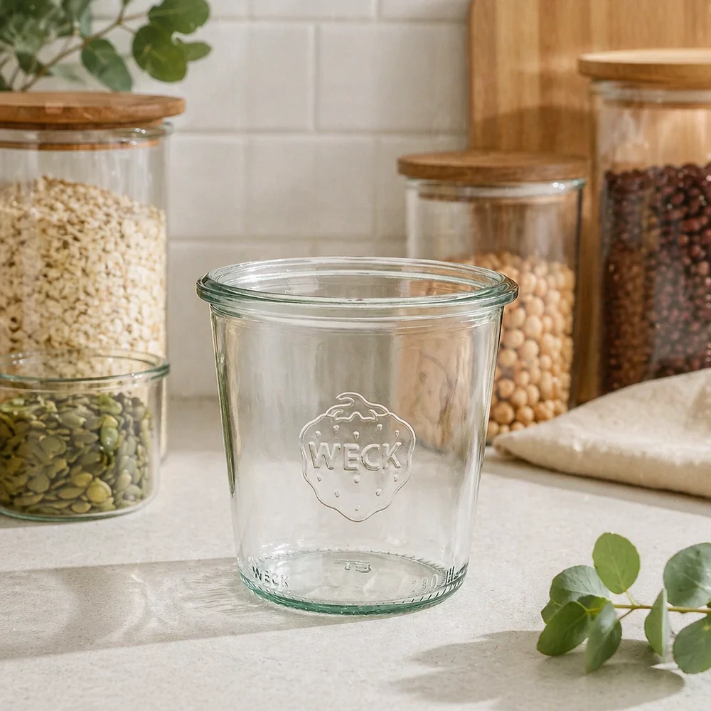 290ml WECK RR80 tarro de cristal alto para almacenaje en cocina Conservas en encimera blanca con tarros de almacenaje