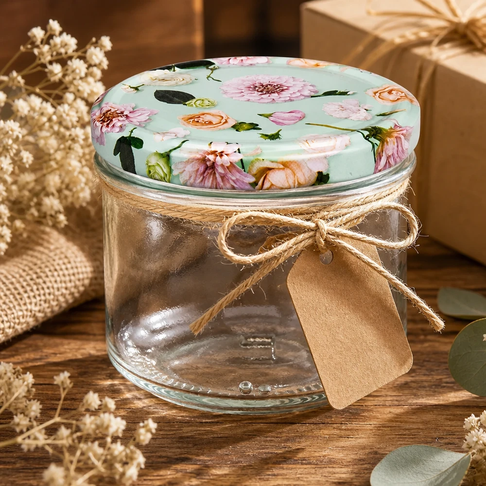 Tarro cilíndrico vacío de 230 ml con tapa BasicSeal flor de menta como idea de regalo - tarro de almacenaje decorado con cinta de yute