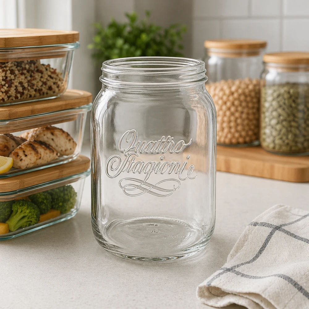 Tarro redondo 2000ml "Quattro Stagioni" QS110mm 2000ml Quattro Stagioni Haushaltsglas mit Schriftzug in moderner Küche zwischen Vorratsgläsern und Küchenorganisation