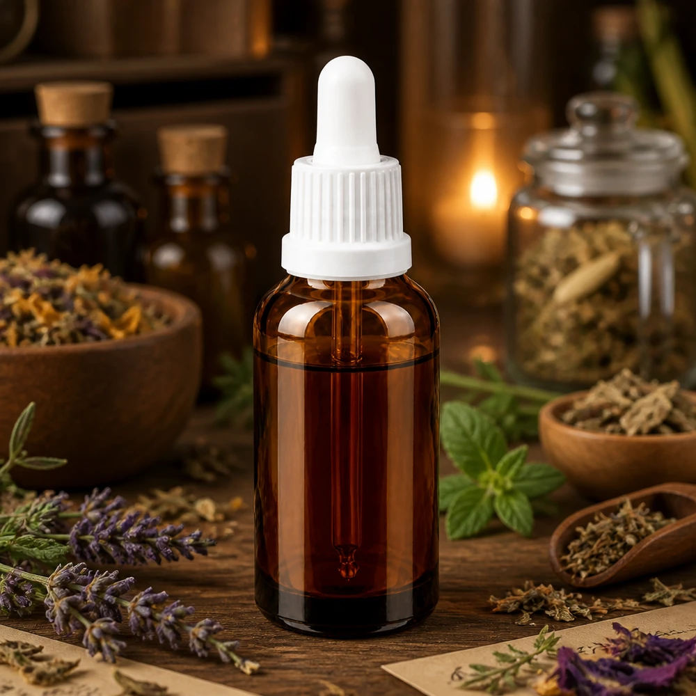 Frasco de vidrio marrón de 30 ml con práctico tapón cuentagotas para remedios naturales y tinturas