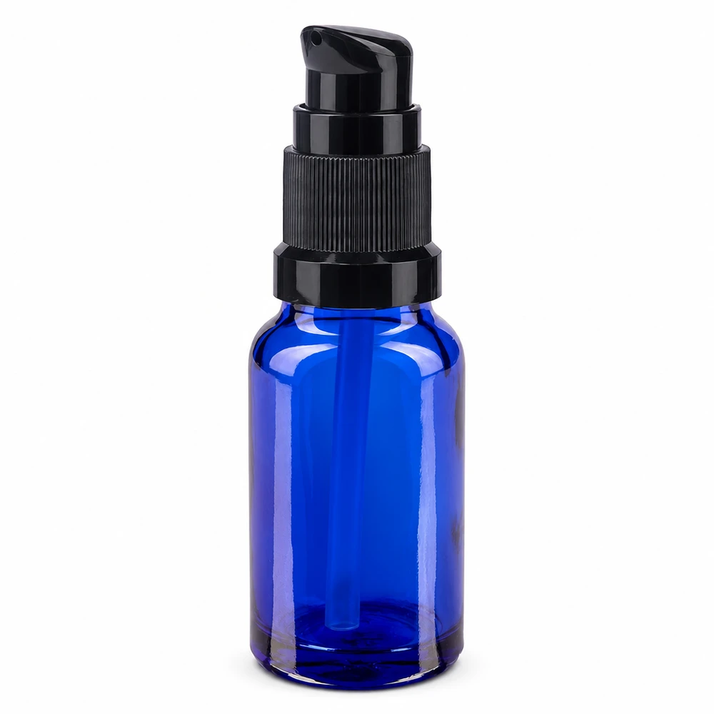 Botella de farmacia azul 10ml tapa de la bomba negro estándar Frasco de cristal azul de 10 ml con dosificador negro, fabricado en cristal de farmacia de alta calidad