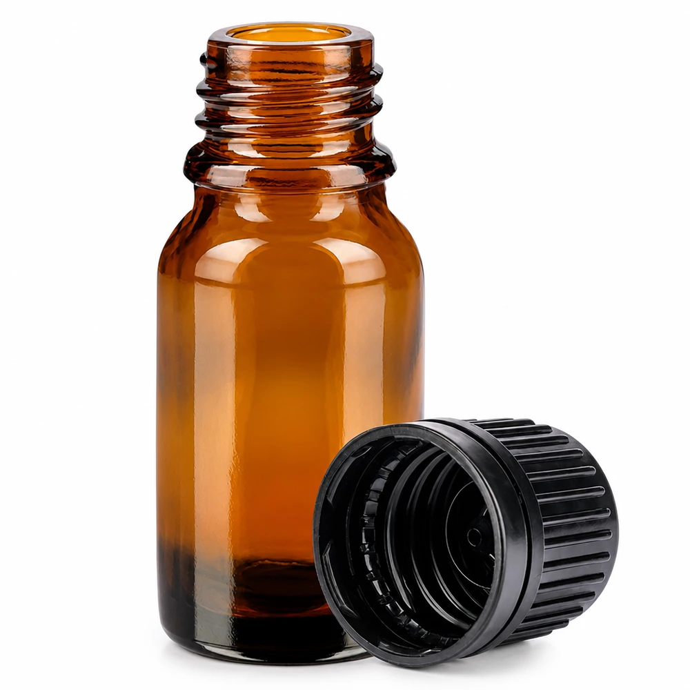 Botella 10ml tapón rosca 11mm negro BrownLine UT18/10 Pequeño frasco de vidrio ámbar de 10 ml con tapón negro estriado para protección contra los rayos UV y almacenamiento seguro