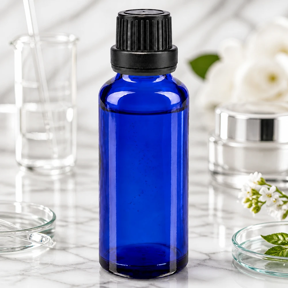Frasco cuentagotas de 30 ml de color azul oscuro, fabricado en vidrio de farmacia, con tapón de rosca a prueba de niños de 11 mm