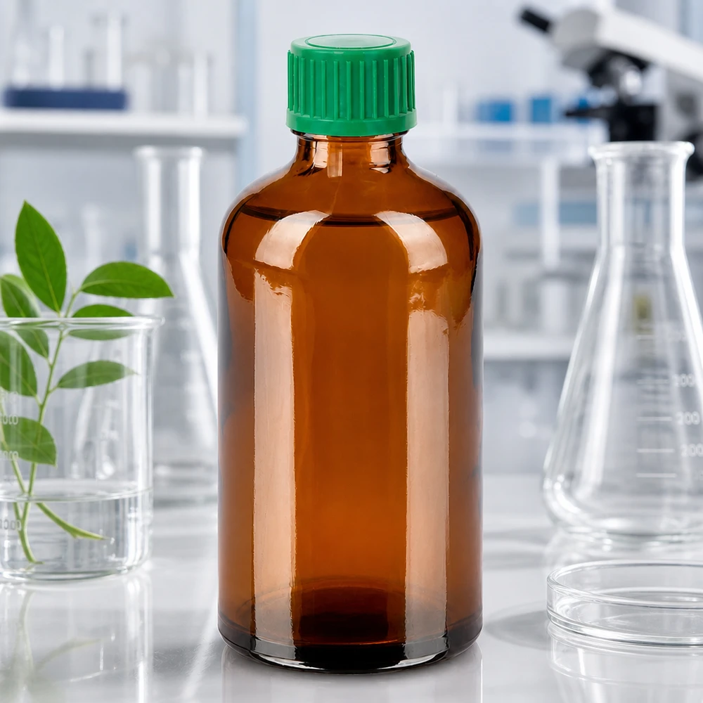 Frasco de vidrio BrownLine de 100 ml con protección UV y tapón verde de 11 mm para aplicaciones de laboratorio