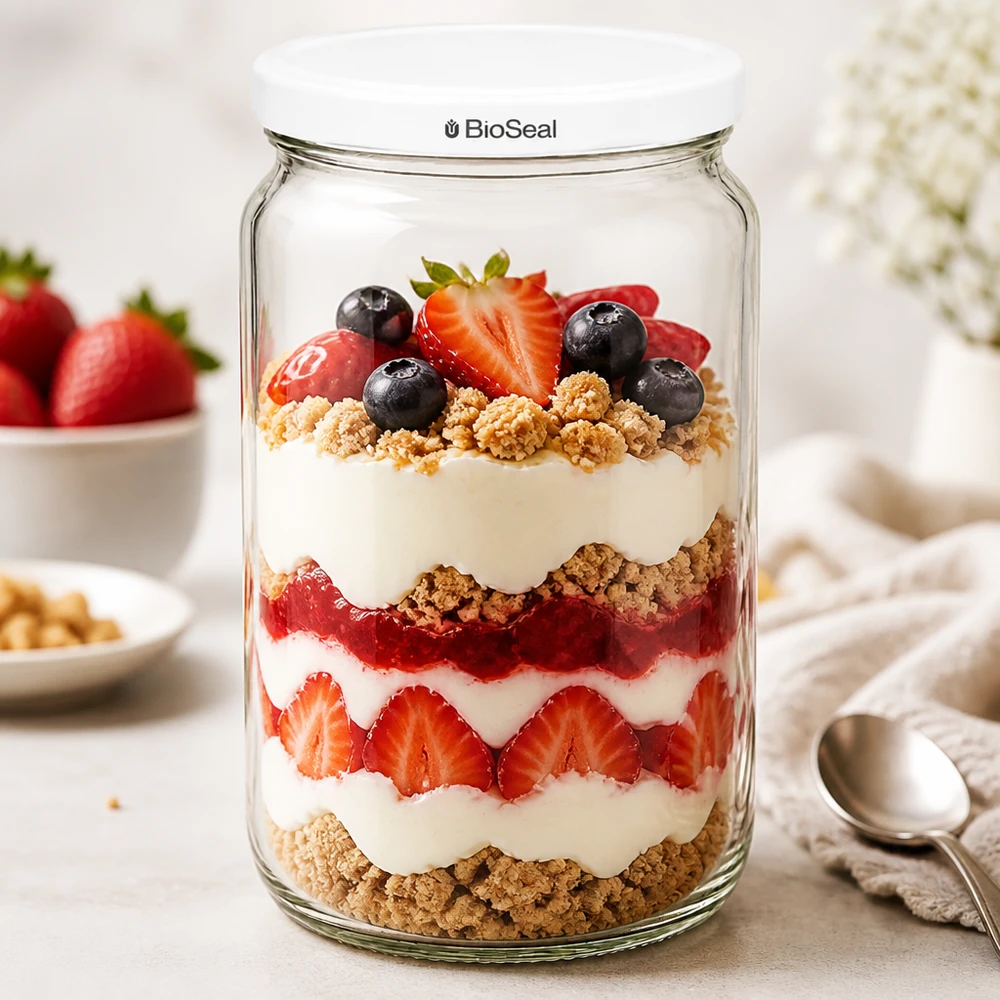 Tarro redondo de 795ml con tapa blanca UNiTWIST BioSeal Vaso de postre UNiTWIST Runda795 con yogur en capas y parfait de bayas - versátil para creaciones dulces y postres