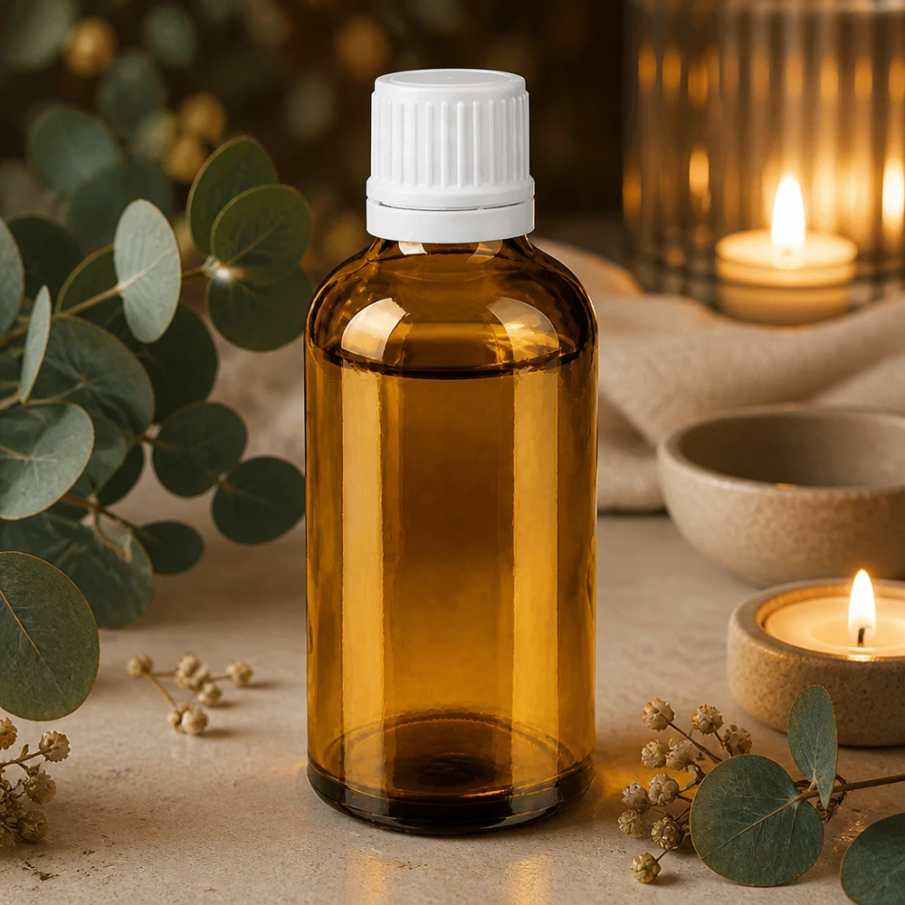Botella de farmacia marrón 50ml tapón rosca cierre inviolable blanco Frasco de farmacia de 50 ml, de cristal marrón, con tapón blanco y dosificador de gotas de 11 mm, para aromaterapia