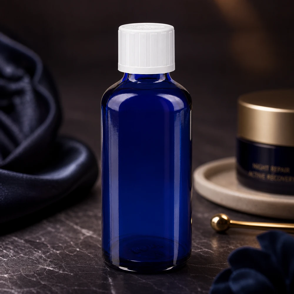 Botella de farmacia azul 50ml tapón de rosca blanco a prueba de niños estándar Frasco de farmacia azul cobalto de 50 ml con tapón de seguridad para niños blanco sobre un fondo de mármol oscuro
