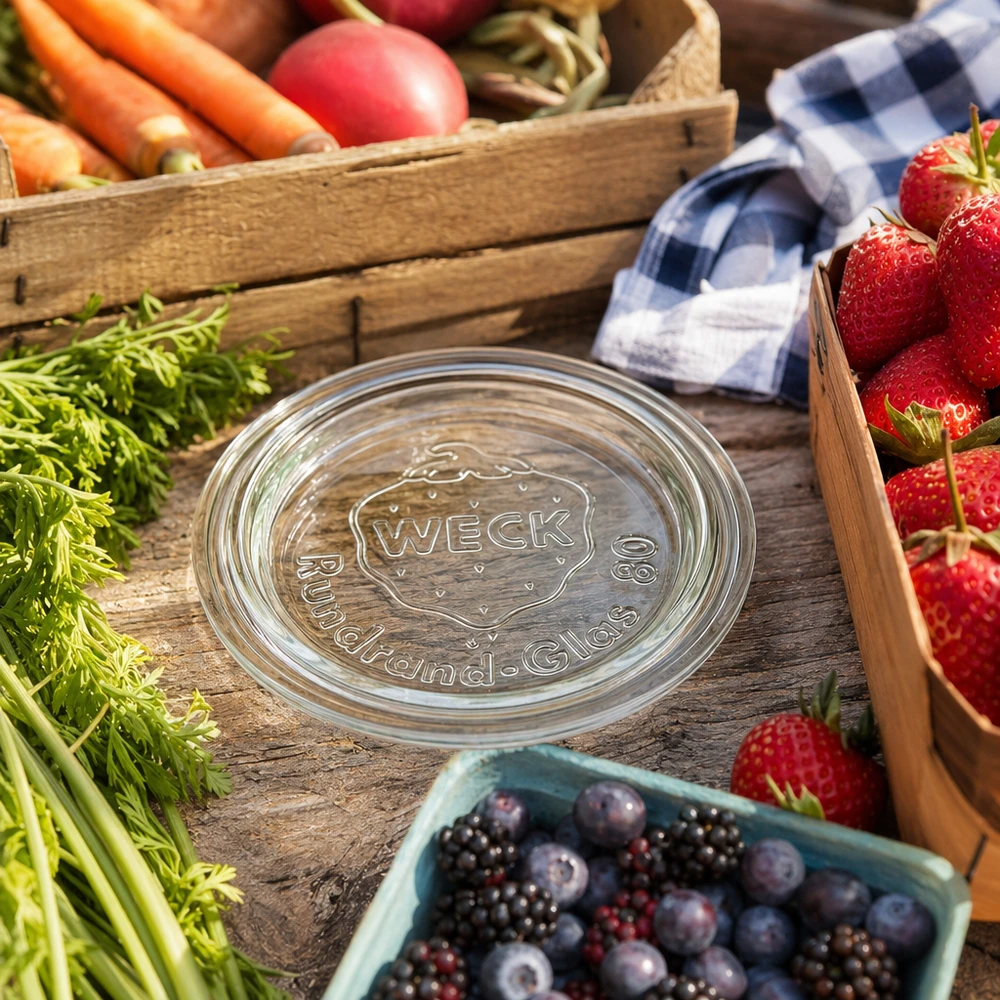 Tapa de cristal WECK RR80 con logotipo en relieve entre fresas frescas, zanahorias y bayas sobre madera rústica