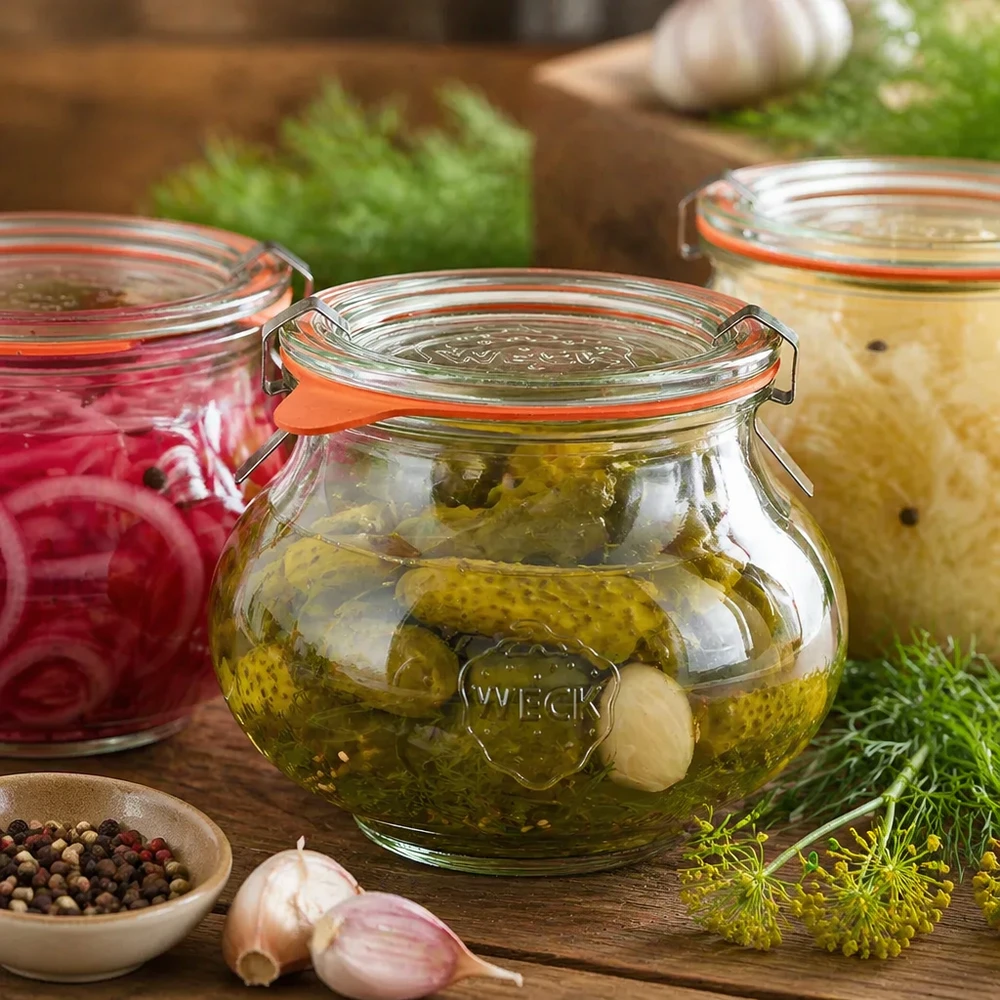 WECK tarro decorativo 560ml con pepinillos y verduras en vinagre, rodeado de especias y hierbas para conservar