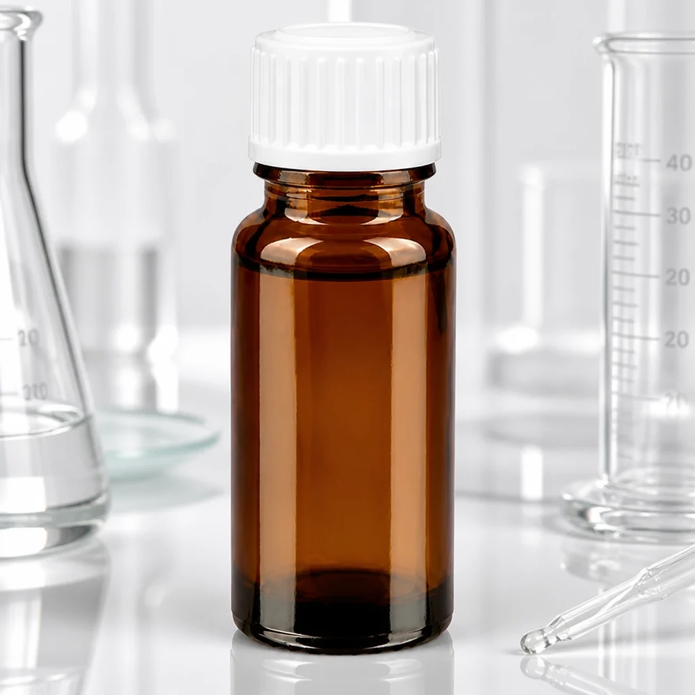 Botella de farmacia marrón 10ml tapón cuentagotas blanco 0.8mm estándar Botella de cristal marrón de 10 ml con tapón de seguridad para niños de color blanco en el laboratorio