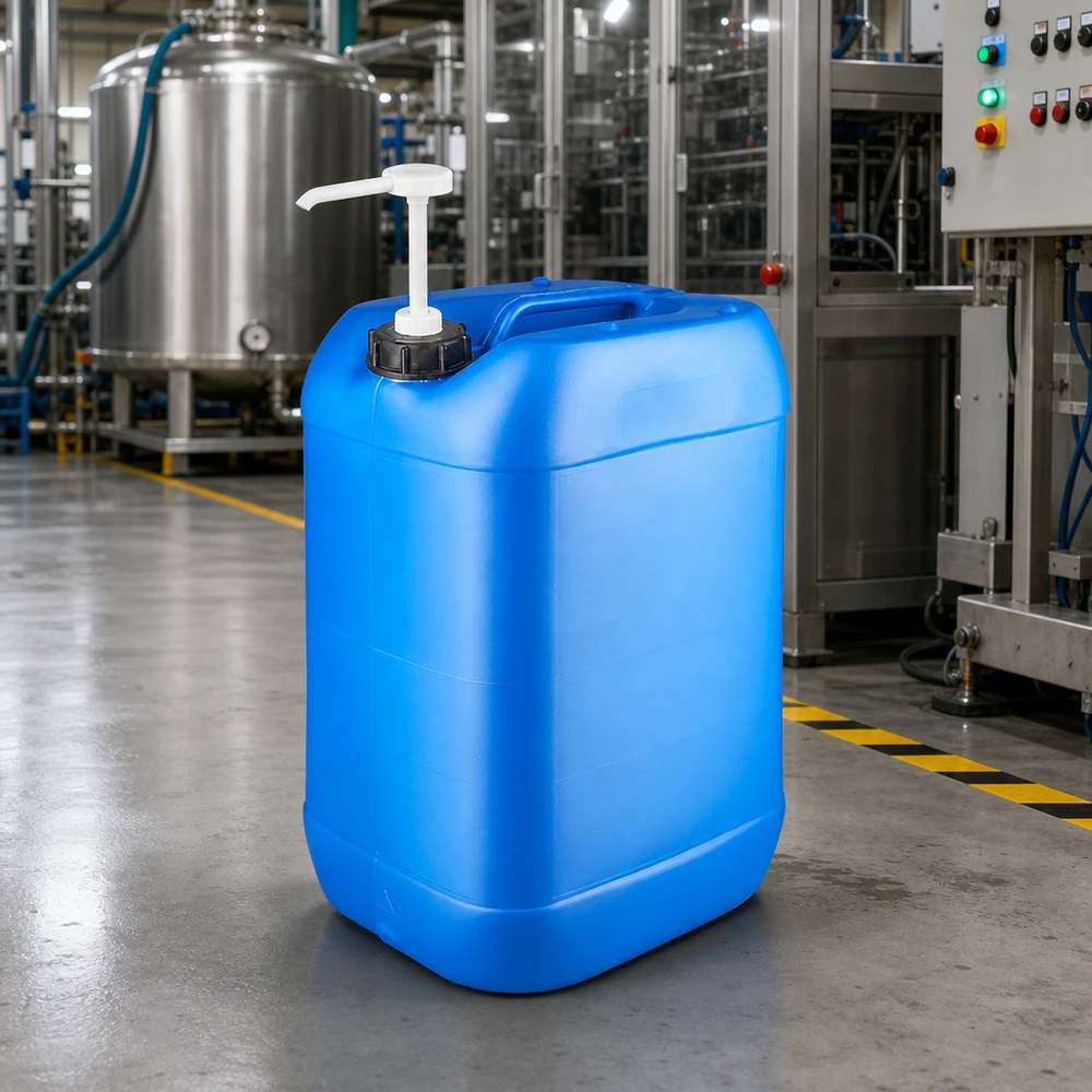 Bidón azul de HDPE de 25 litros con bomba dosificadora en un entorno de producción industrial