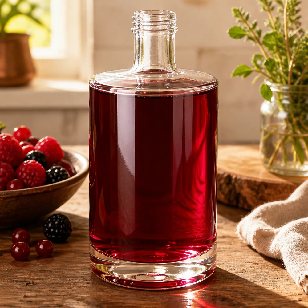 Botella de cristal de 500ml Sam llena de zumo de bayas rojas decoración mesa de madera bayas hierbas ambiente natural
