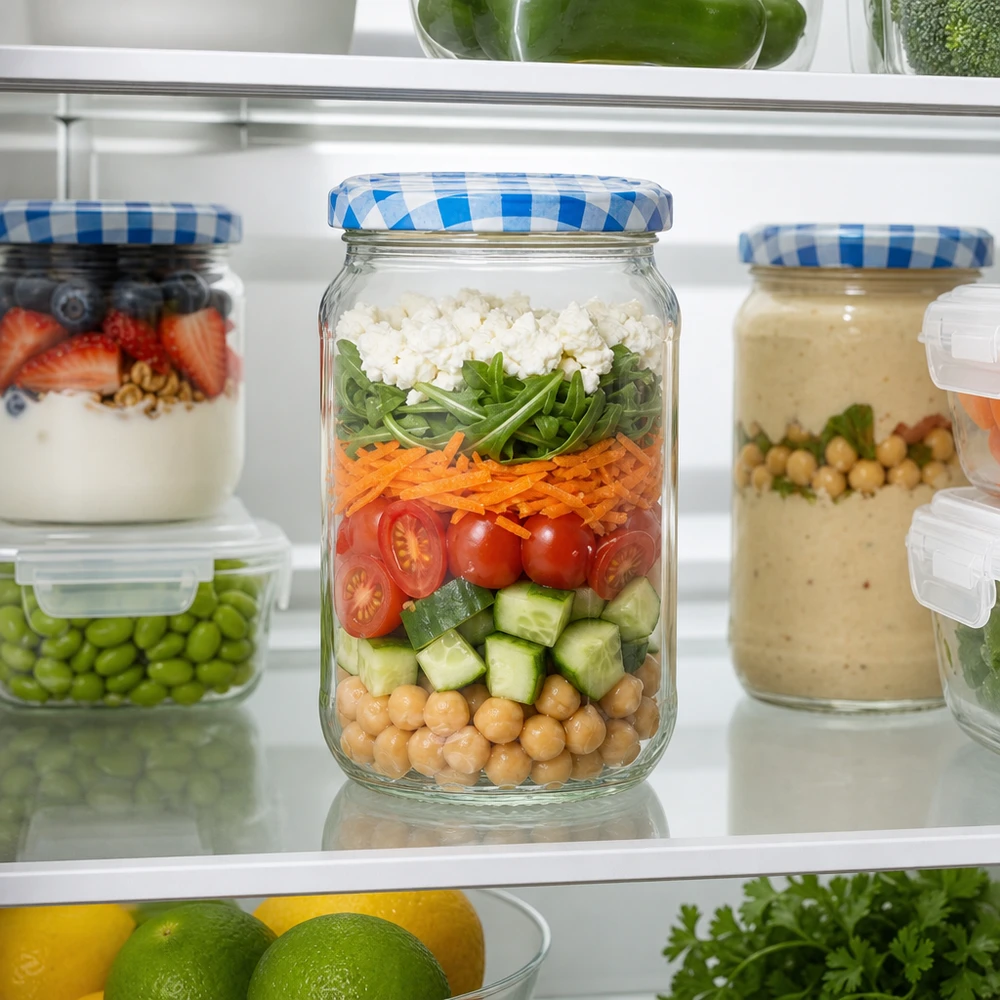 Tarro redondo de 1062 ml lleno de ensalada en capas en el frigorífico, práctica solución de preparación de comidas con tapa BasicSeal
