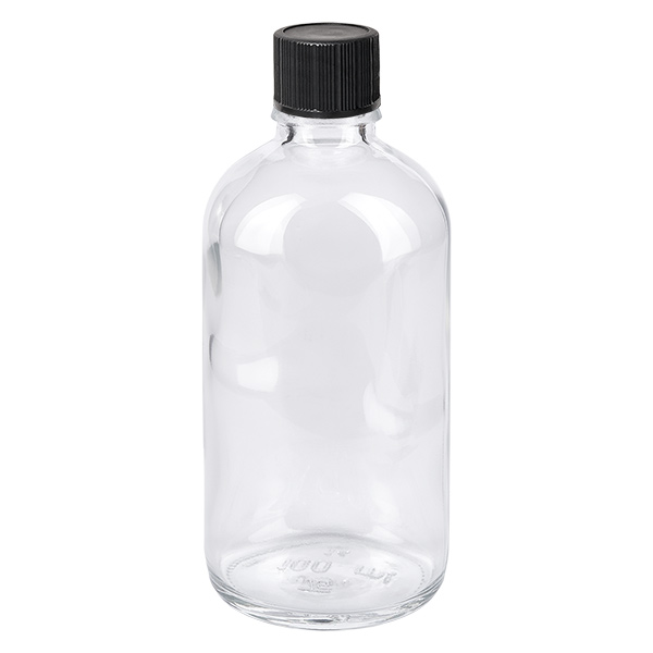 Frasco cuentagotas 100ml 1mm negro tapón estándar ClearLine UT18/100 Botella de cristal transparente de 100 ml con tapón de rosca negro. Botella cuentagotas ClearLine UT18