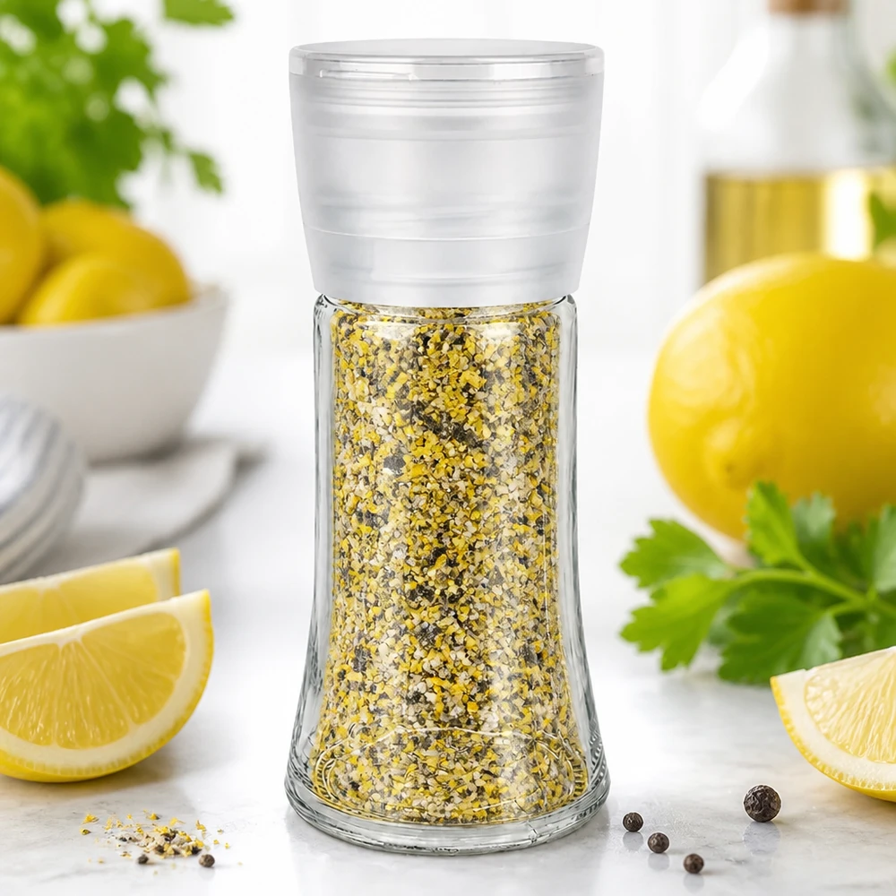 Frasco para sal y especias de 95 ml con molinillo Vario blanco Frasco de especias de pimienta y limón de 95 ml con molinillo blanco Vario junto a rodajas de limón frescas