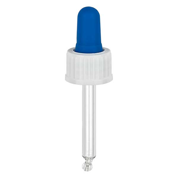 Pipeta cuentagotas de vidrio blanco/azul 18mm PL44 Estándar Pipeta cuentagotas de vidrio blanco/azul 18mm PL44 Estándar