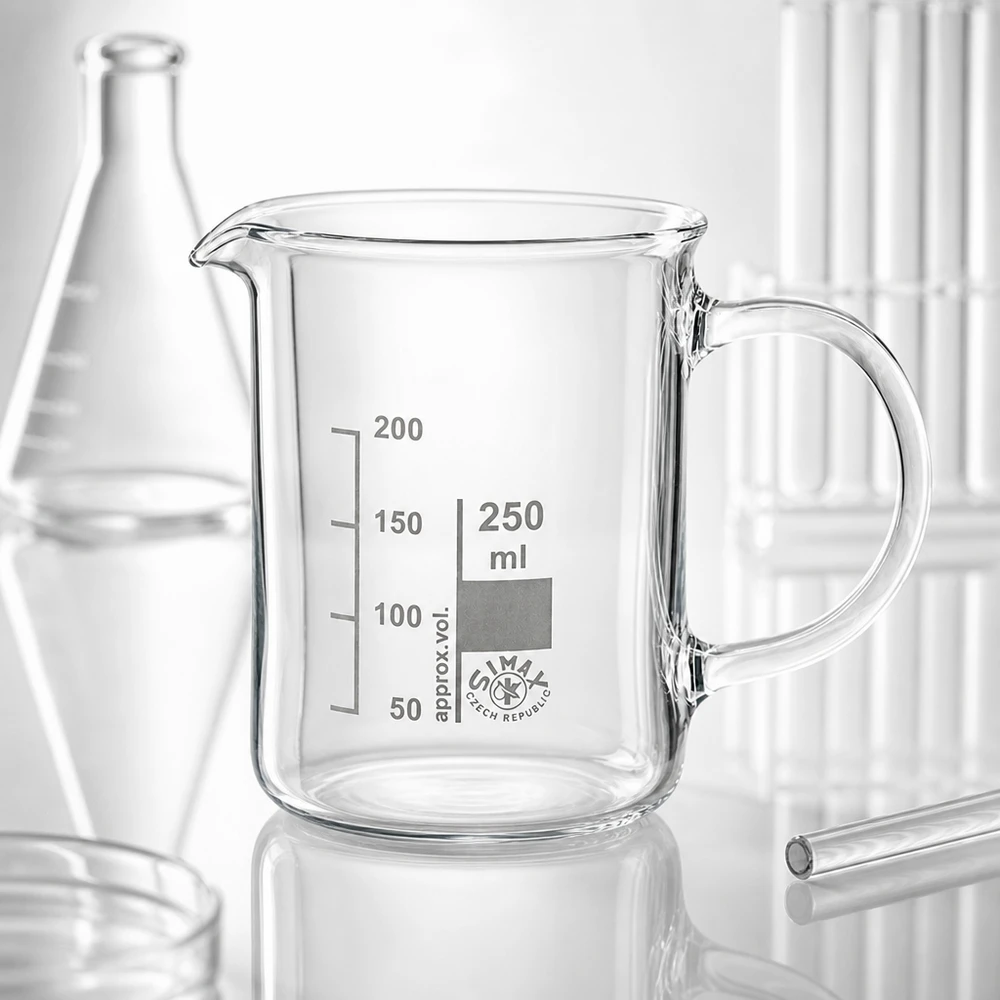 Vaso de precipitados de 250 ml de vidrio borosilicato, con asa y escala, de tamaño intermedio entre los matraces de Erlenmeyer y los tubos de ensayo
