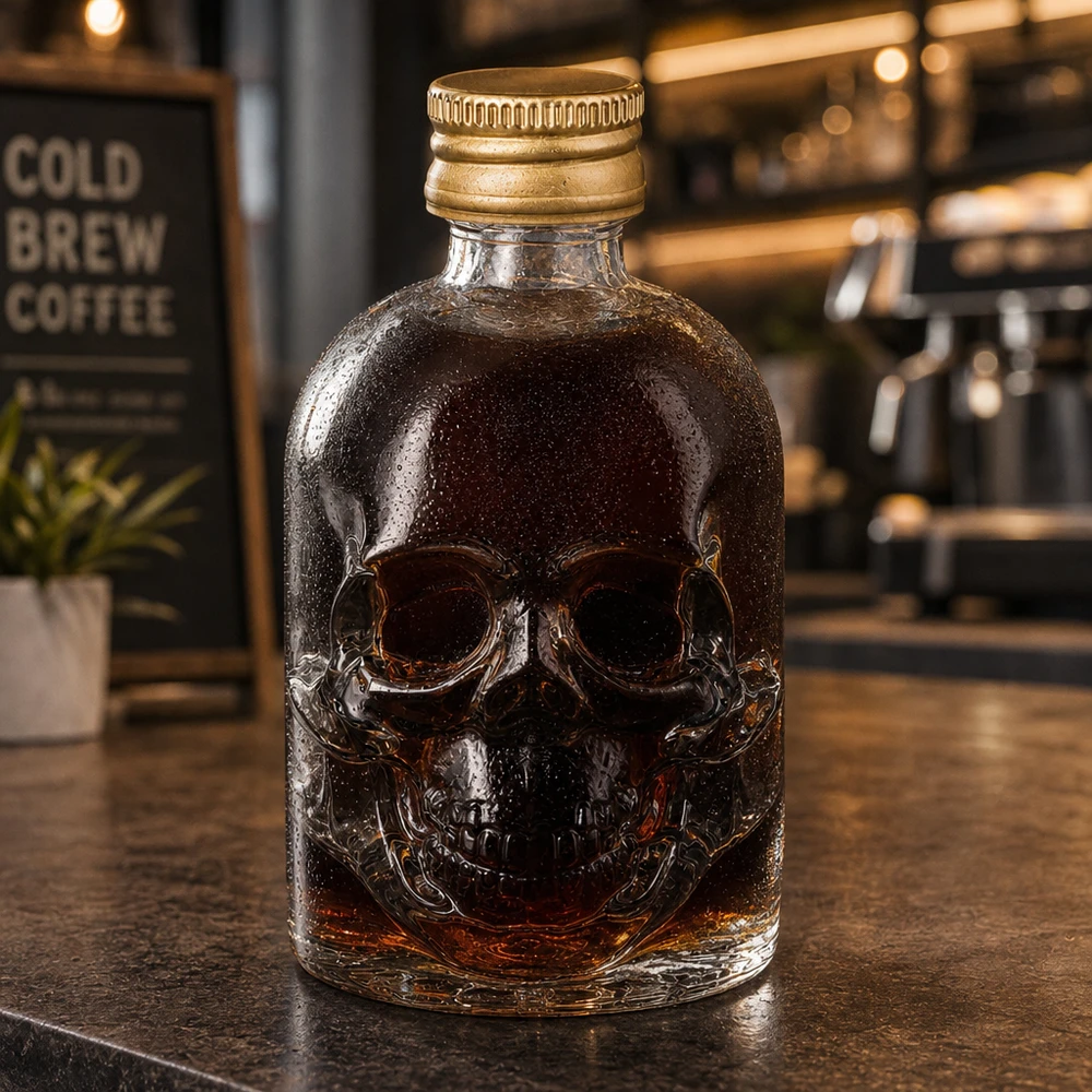 Botella de vidrio de 50 ml «Hector» y tapón de rosca dorado UNiTWIST® Botella de cristal Hector de 50 ml con relieve de calavera y tapón de rosca dorado en ambiente de cafetería con café cold brew