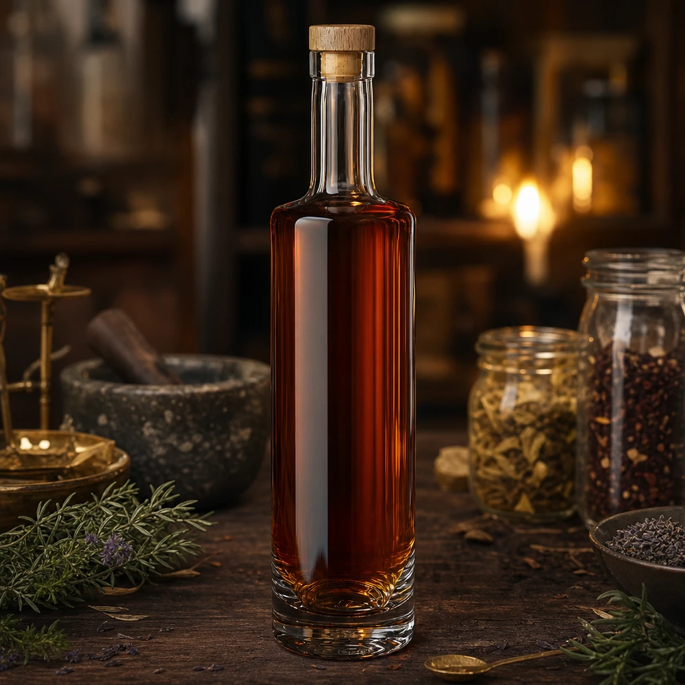 Botella de vidrio de 500 ml «Lina» con tapón de corcho con asa de madera UNiTWIST® 500ml Glasflasche Lina mit bernsteinfarbener Flüssigkeit und Holzkorken in rustikaler Küche mit Gewürzen und Kräutern