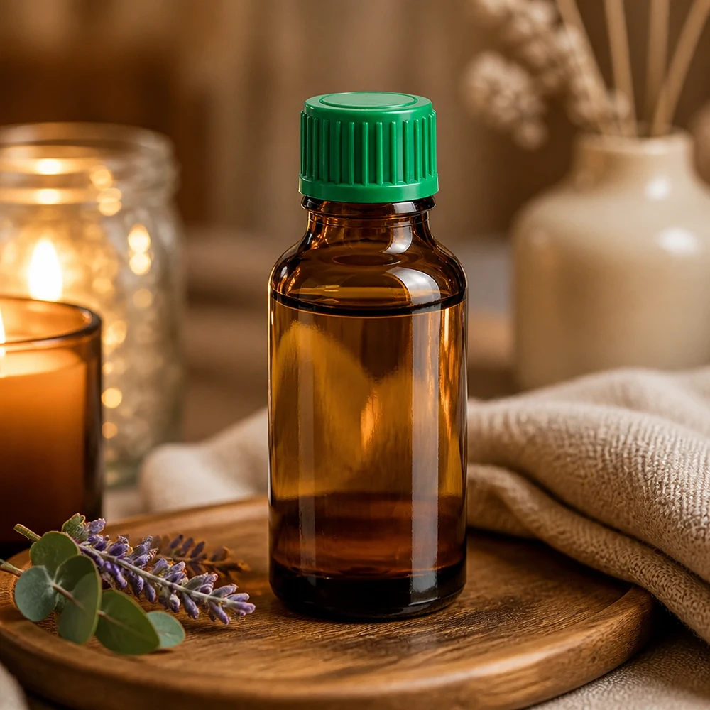 Frasco cuentagotas premium de 20 ml de vidrio ámbar con protección UV y tapón de rosca verde para protegerlo de la luz