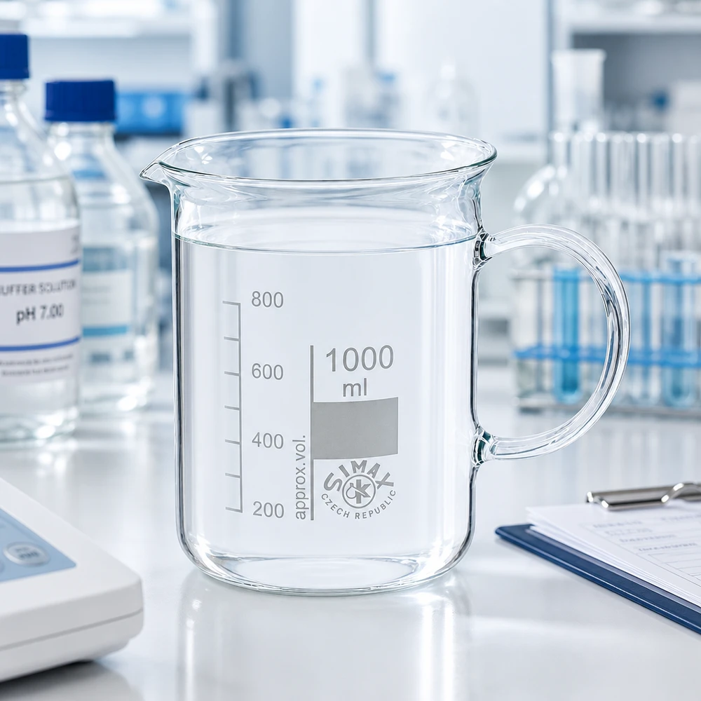 Vaso de precipitados cilíndrico de 1000 ml con asa sobre una encimera de laboratorio blanca, junto a una solución tampón