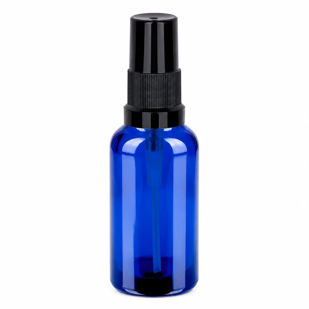 Frasco pulverizador de 30 ml negro con tapón estándar BlueLine UT18/30 Botella pulverizadora azul de 30 ml con cabezal de bomba negro para aceites esenciales y cosméticos