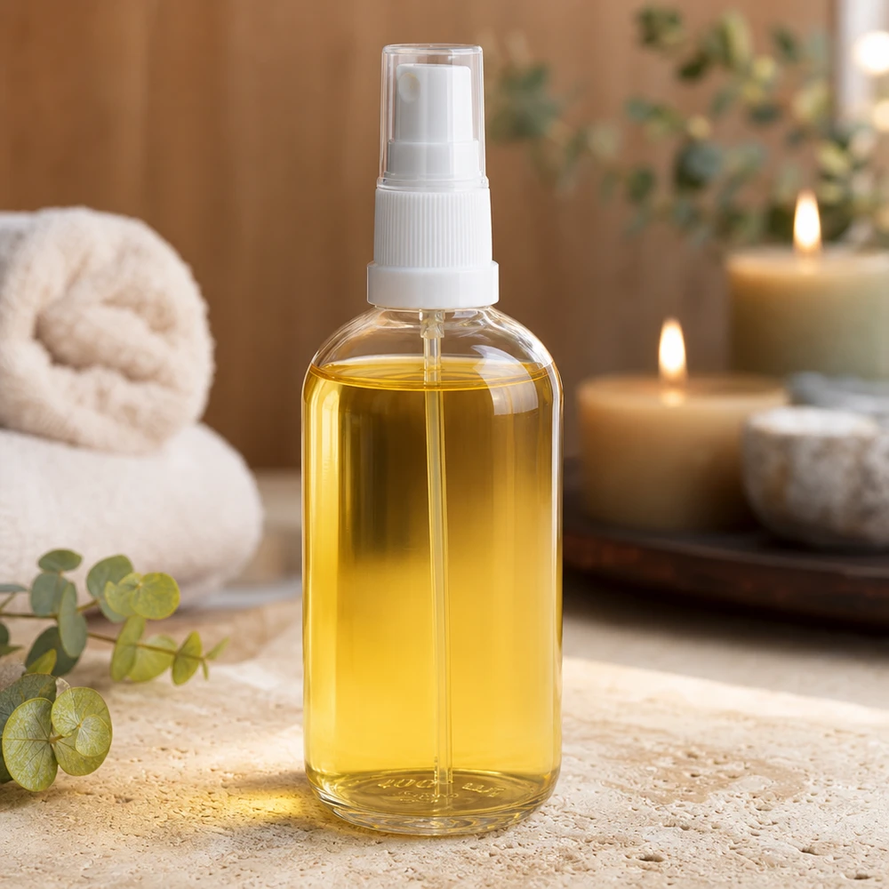 Frasco de cristal de 100 ml ClearLine UT18 con atomizador blanco para aceite de bienestar «Spa Ambiente»