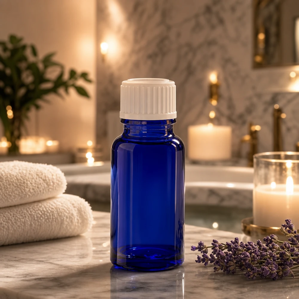 Botella de farmacia azul 10ml tapón de rosca blanco glóbulos estándar Frasco de cristal de 10 ml en color azul cobalto con una abertura de 3 mm y tapón blanco de farmacia en el spa