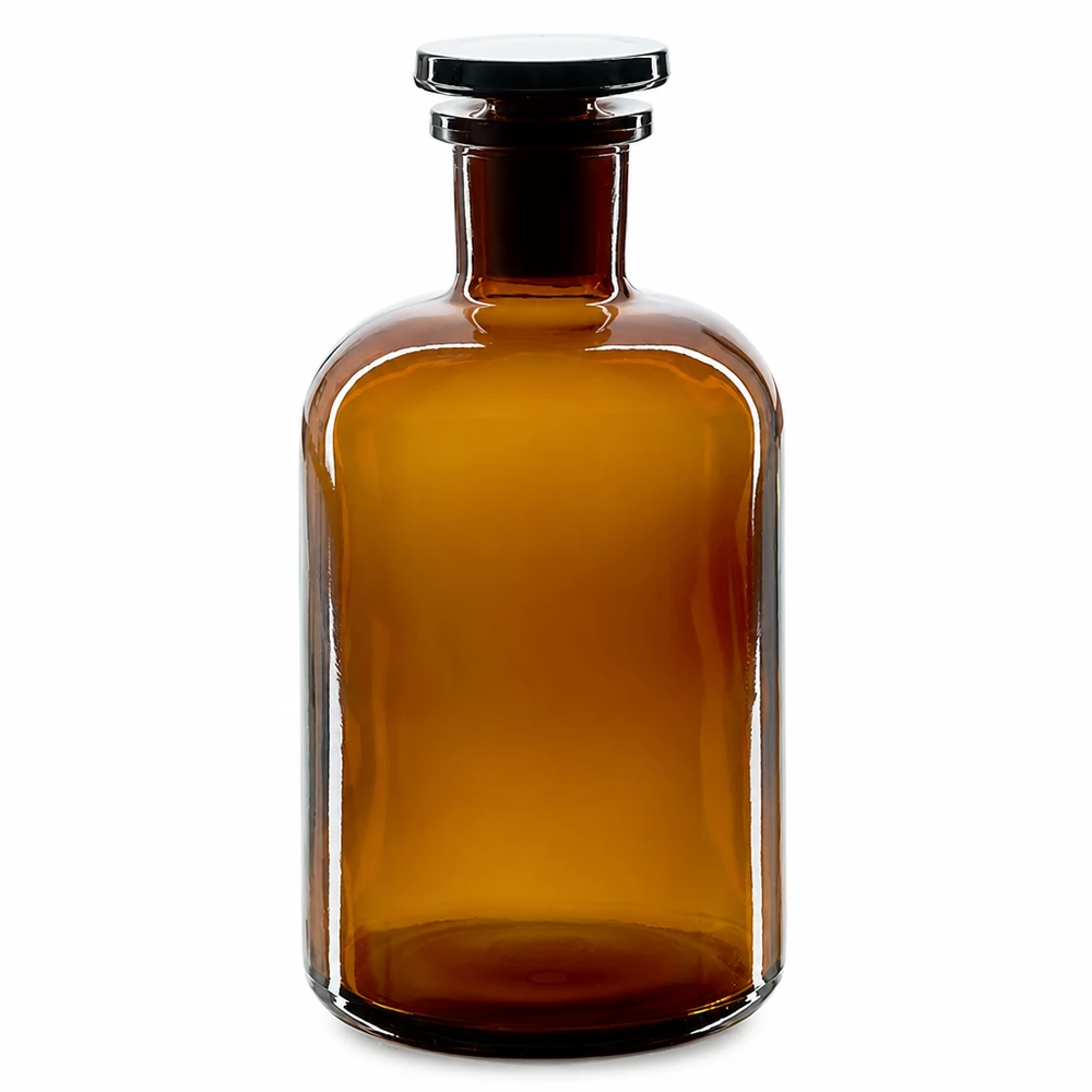 Botella marrón de hombros redondeados de 500 ml con tapón de vidrio y cuello estrecho para aplicaciones de laboratorio
