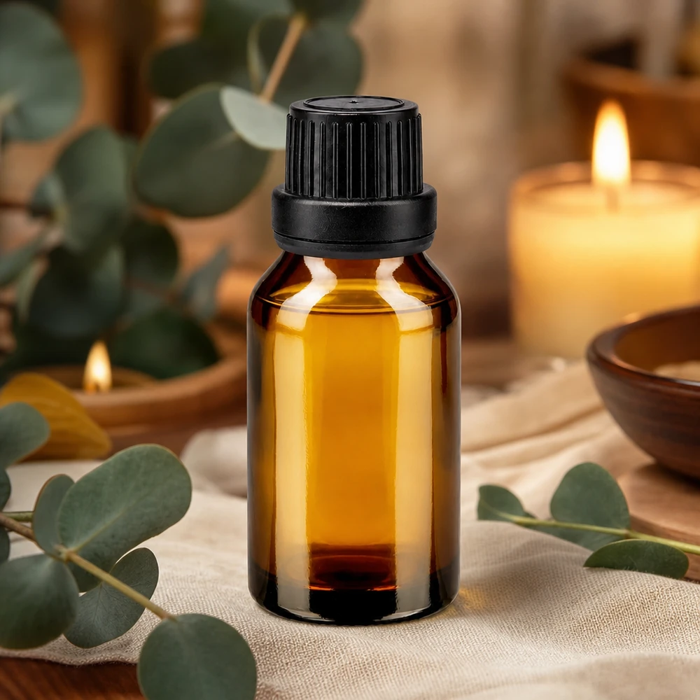 Botella de cristal de color ámbar de 15 ml con tapón de rosca negro para aceites esenciales