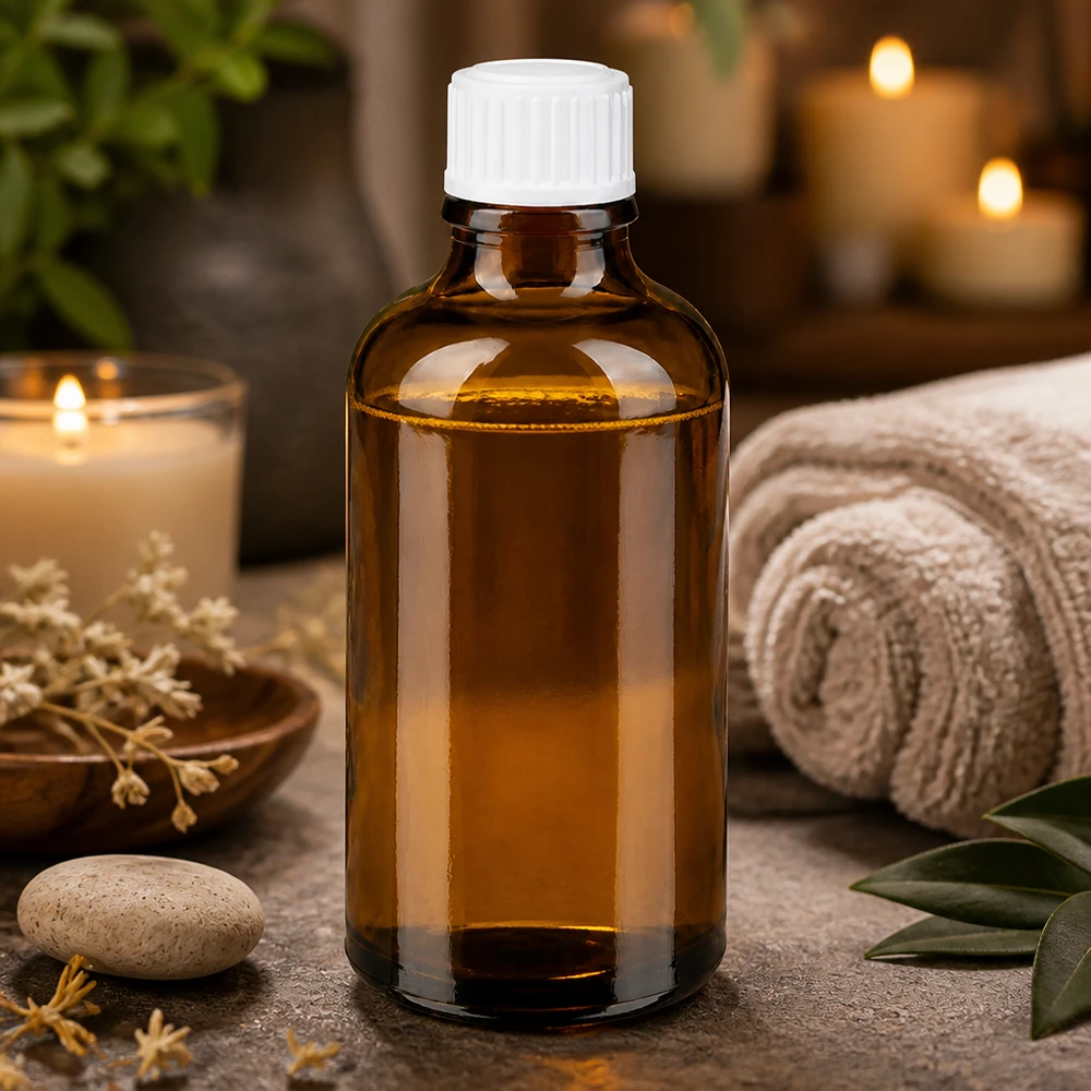 Botella de farmacia marrón 50ml tapón de rosca blanco estándar Pequeña botella de cristal marrón de 50 ml con tapón blanco, rodeada de accesorios de bienestar y velas