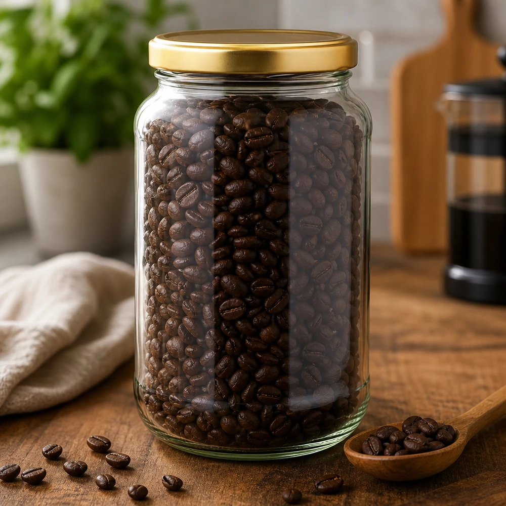 Tarro redondo de 1700 ml con tapa dorada BasicSeal lleno de granos de café sobre tabla de madera en cocina muestra almacenamiento