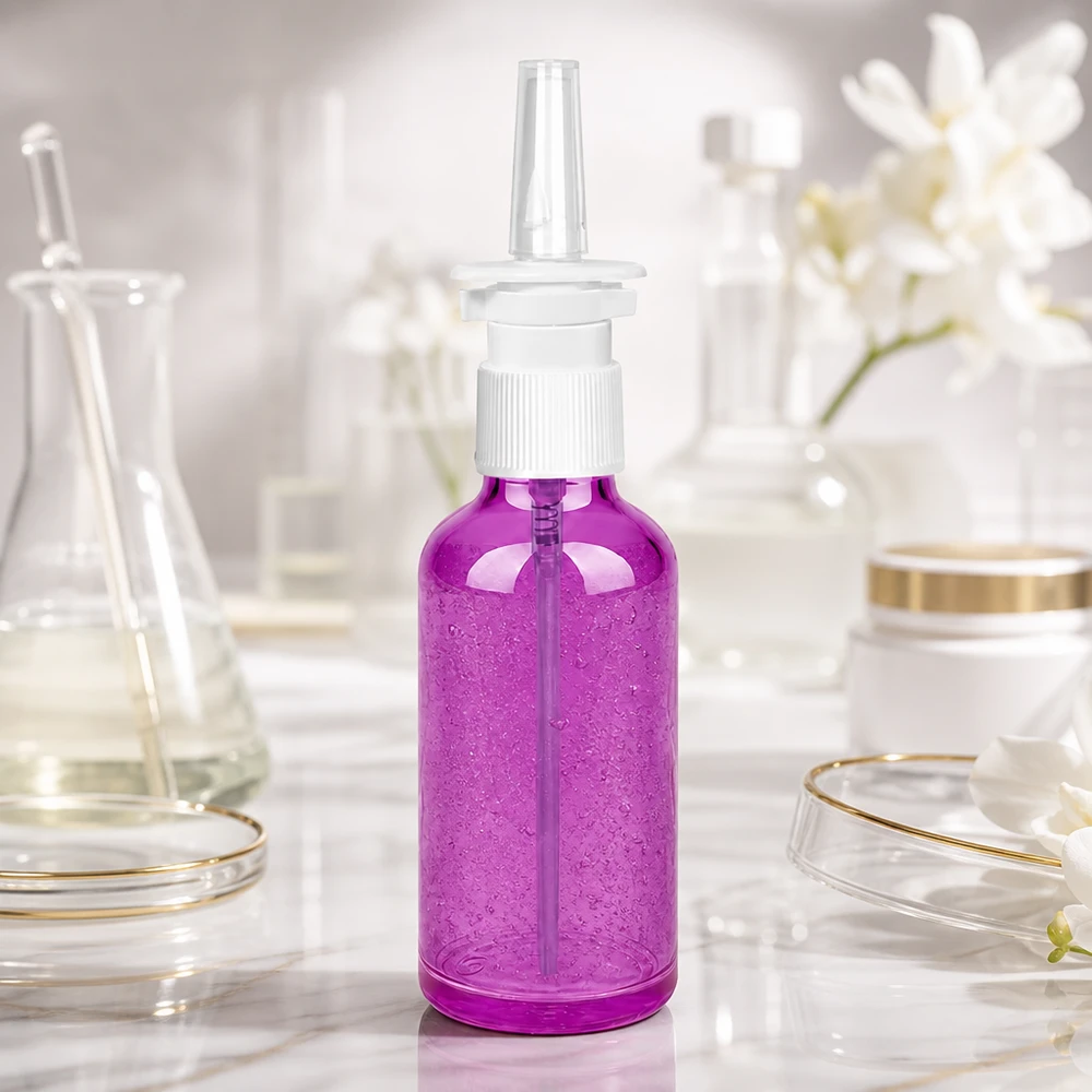 Frasco pulverizador nasal de 50 ml blanco/transparente estándar PurpleLine. UT18/50 Frasco de spray nasal premium de 50 ml con diseño ergonómico en color morado para un manejo cómodo