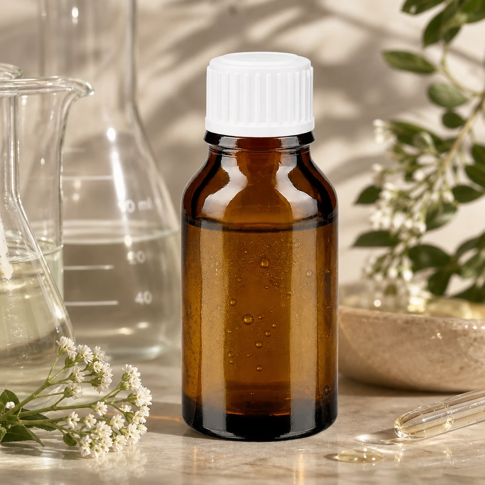 Frasco de farmacia de 30 ml de color ámbar con tapón blanco, rodeado de plantas medicinales y material de laboratorio