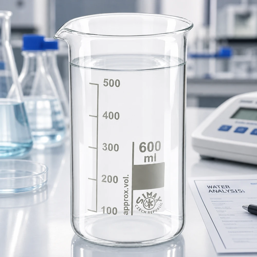 Vaso de precipitados Simax de 600 ml, de forma alta, de vidrio borosilicato, con agua transparente sobre una mesa de laboratorio blanca