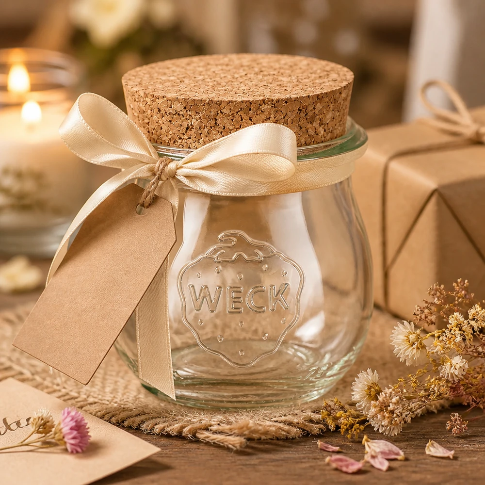 Tarro tulipán WECK 75ml decorado con lazo y etiqueta de regalo como idea regalo con tapón de corcho natural