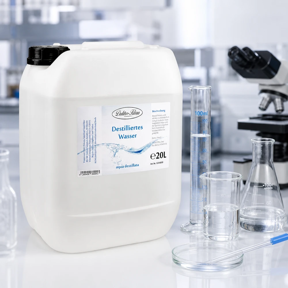 20 litros de agua destilada Doctor Klaus en un entorno de laboratorio transparente con cristalería y microscopio
