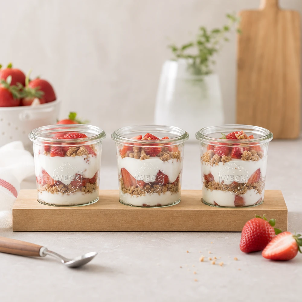 Tarros WECK de 140 ml con postre de capas de yogur y fresas servido listo para el desayuno en una tabla de servir de madera Plano3